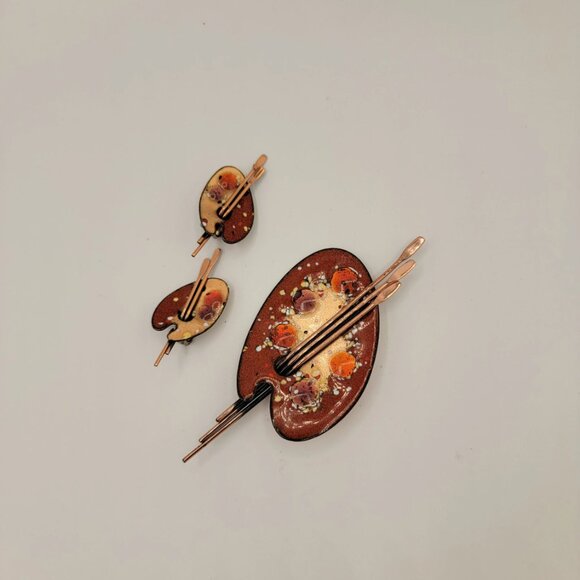 Vintage Signed Matisse Artist Palette Brooch and Clip-on Earring Set - Picture 8 of 10